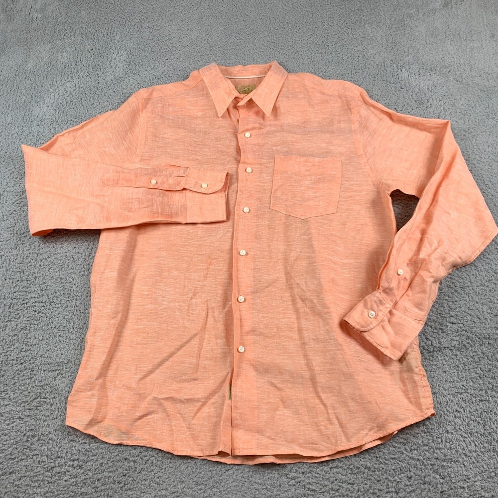 Tre Vero Shirt Mens Large Salmon 100% Linen Long Sleeve Button Up Lightweight
